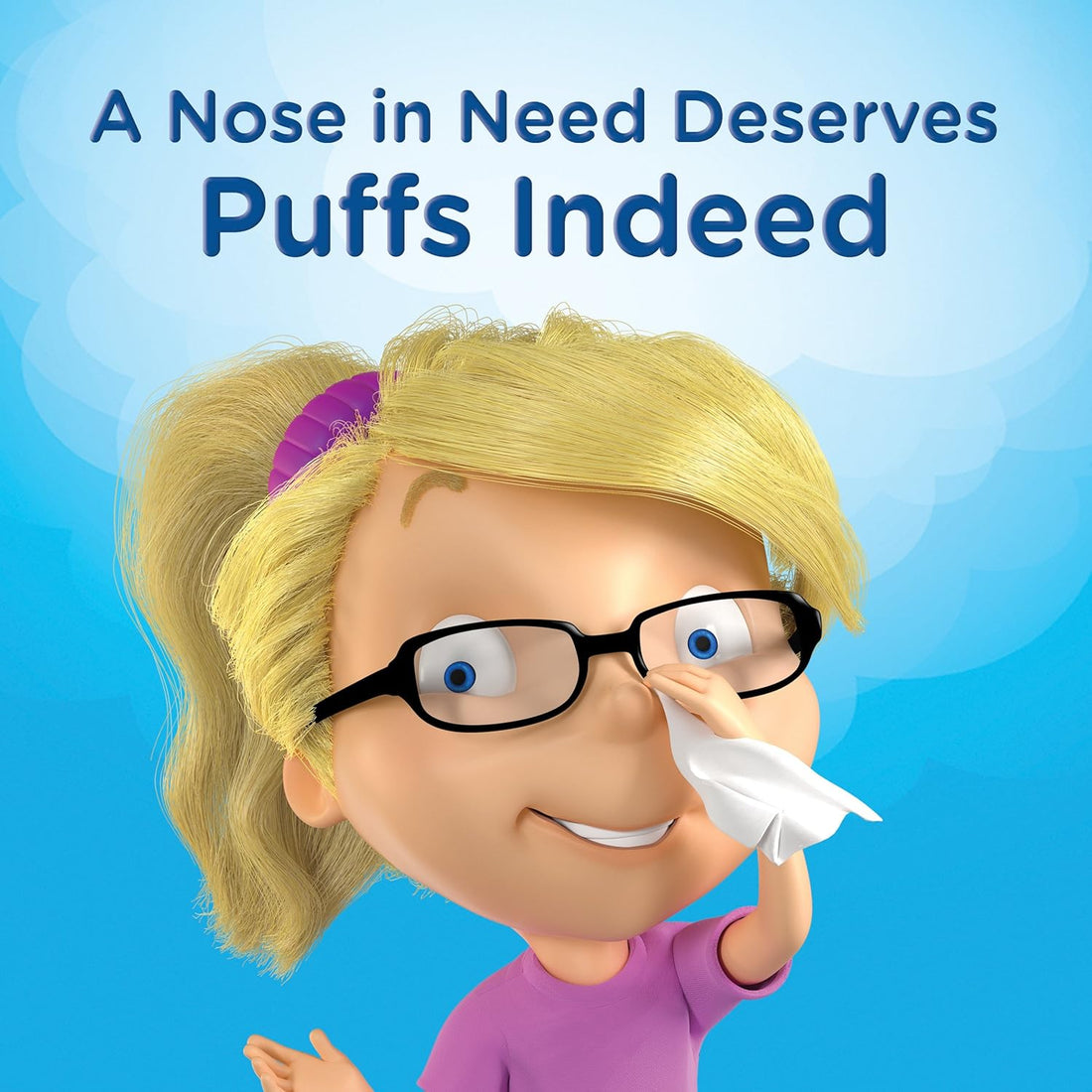 Cartoon character with glasses using a tissue, text 'A Nose in Need Deserves Puffs Indeed' on a blue background