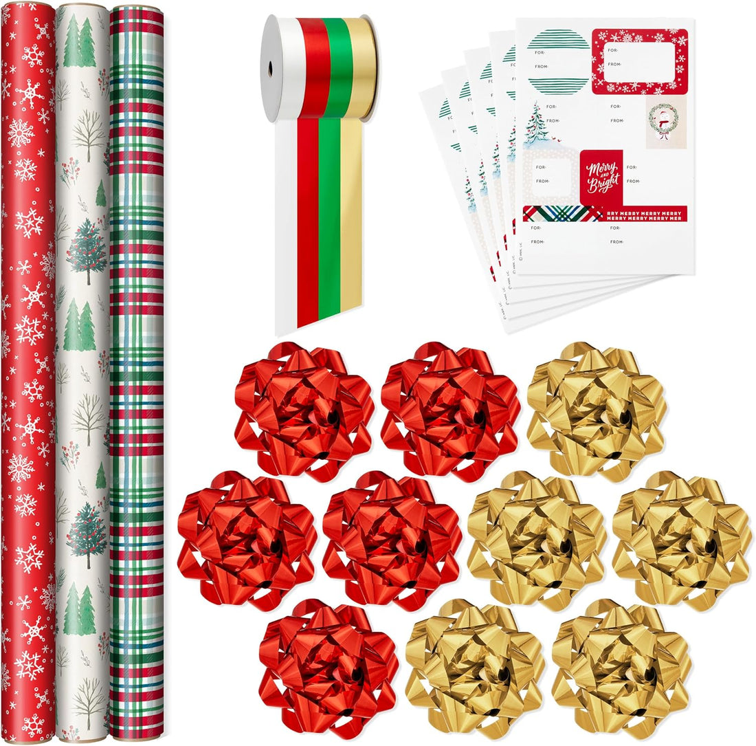 Hallmark Red & Green Christmas Wrapping Paper Set with Bows, Ribbon & Tags, 3 Rolls, 90 Sq Ft