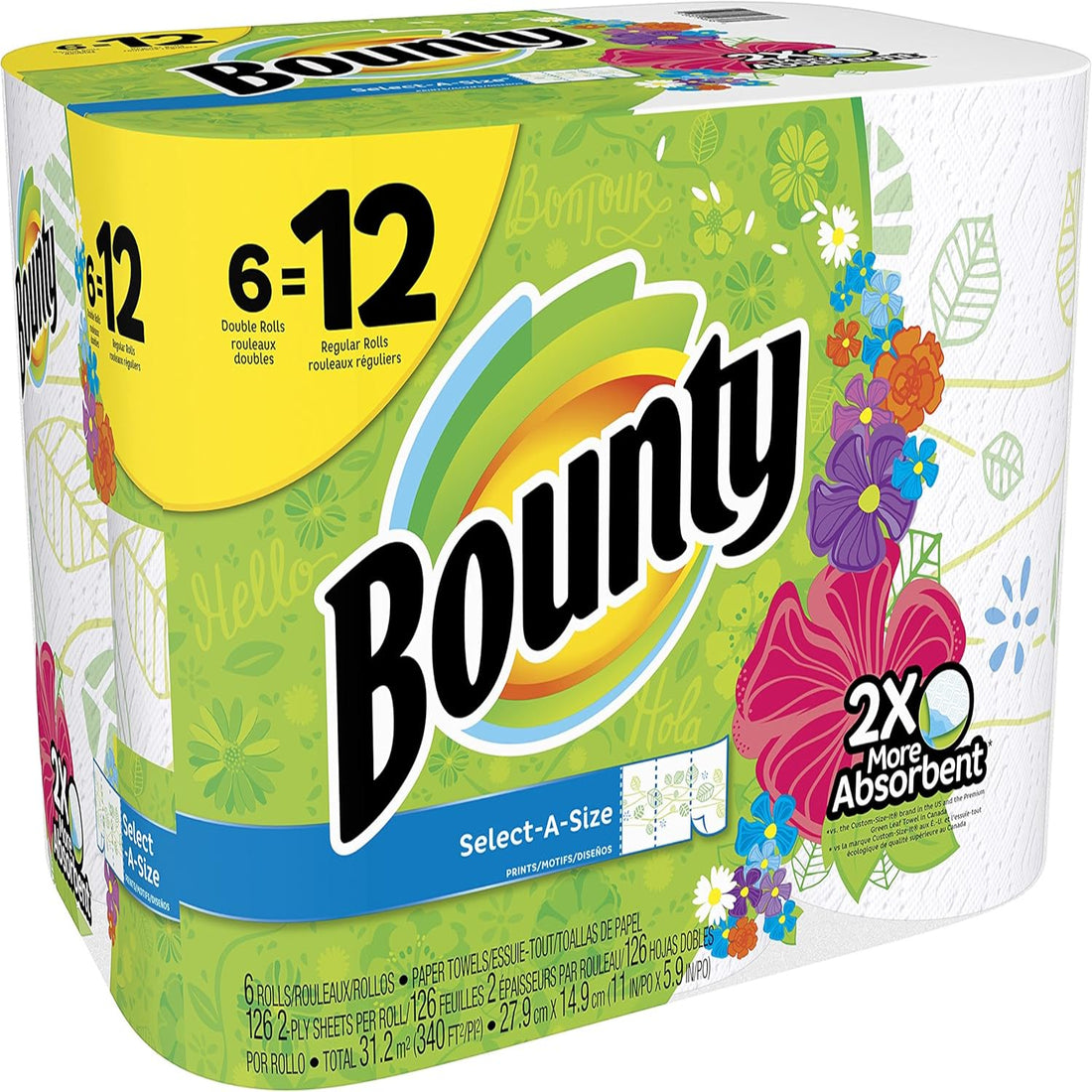 Bounty paper towels packaging with colorful design and text