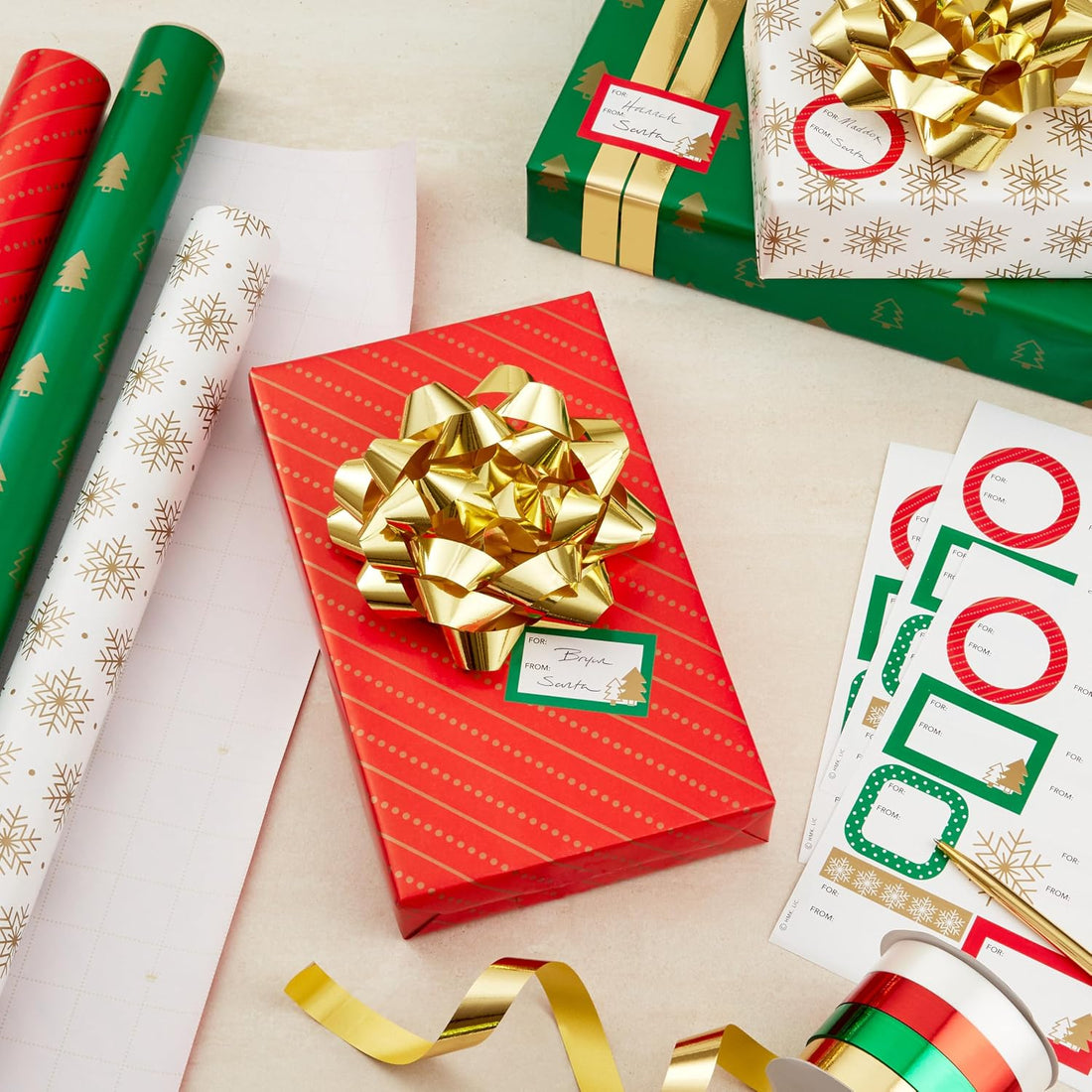 Hallmark Gold Christmas Wrapping Paper Set with Bows, Ribbon & Tags, 3 Rolls (Red, Green, White), 90 Sq Ft – view 2
