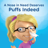 Cartoon character with glasses using a tissue, text 'A Nose in Need Deserves Puffs Indeed' on a blue background