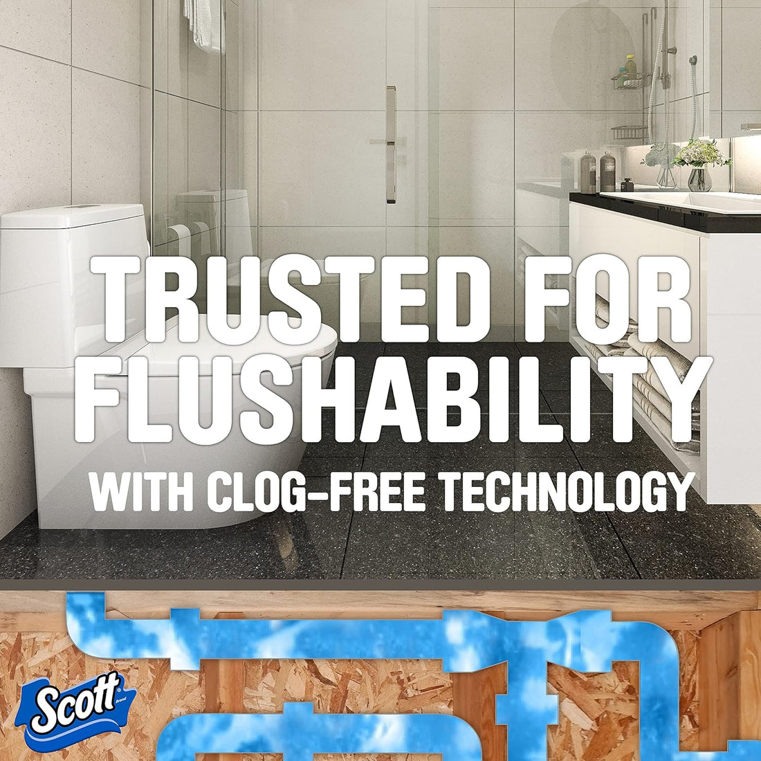 Bathroom setting with text 'Trusted for Flushability with Clog-Free Technology' and Scott logo.