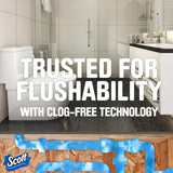 Bathroom setting with text 'Trusted for Flushability with Clog-Free Technology' and Scott logo.