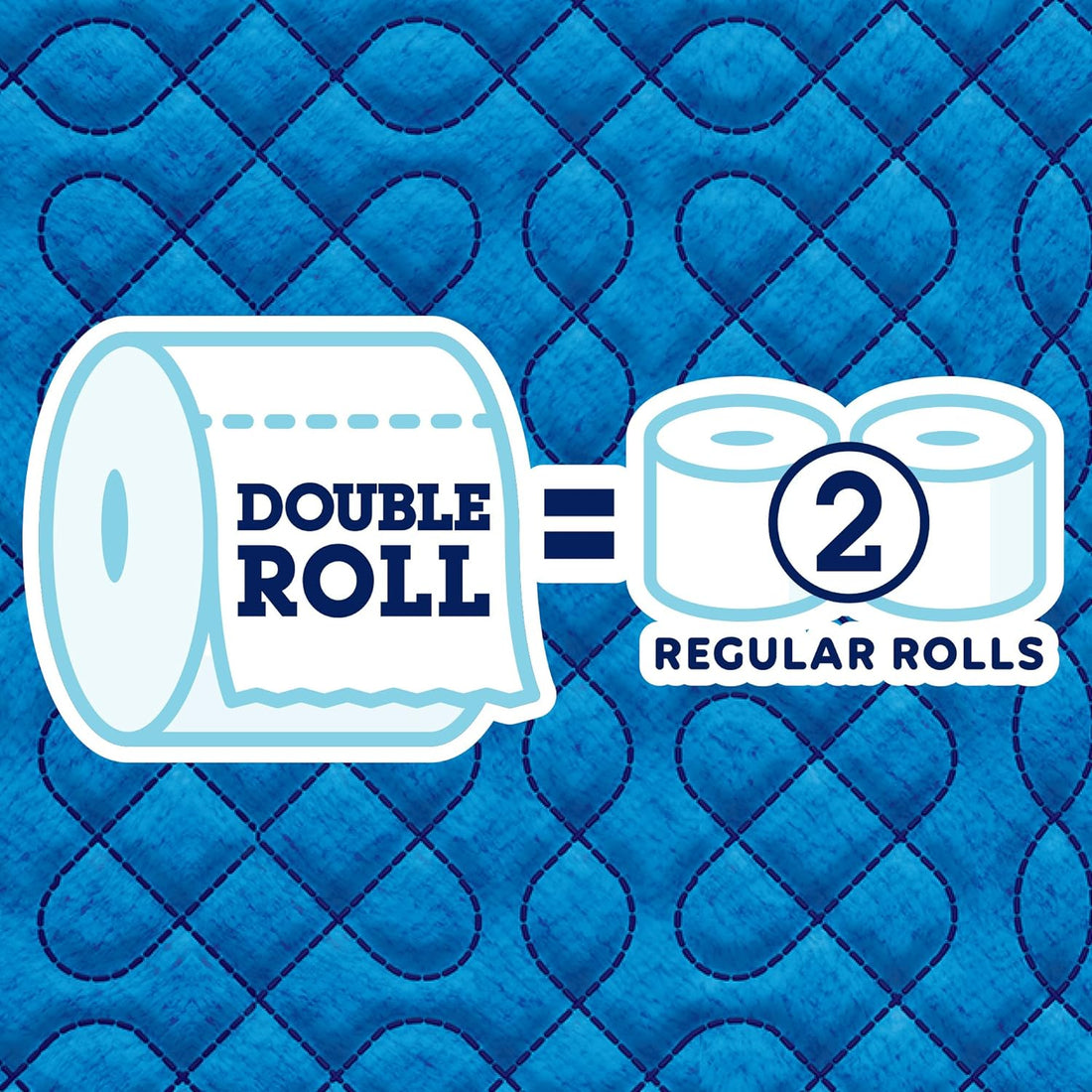Diagram showing a double roll of paper equivalent to two regular rolls on a blue textured background.