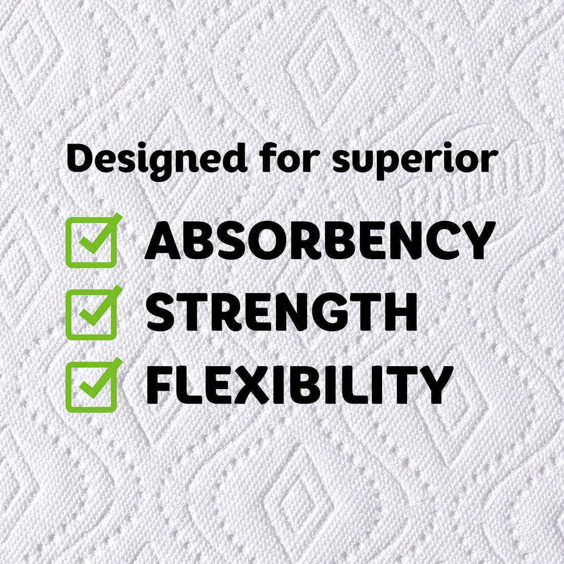 Text on a textured white background highlighting absorbency, strength, and flexibility.