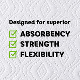 Text on a textured white background highlighting absorbency, strength, and flexibility.