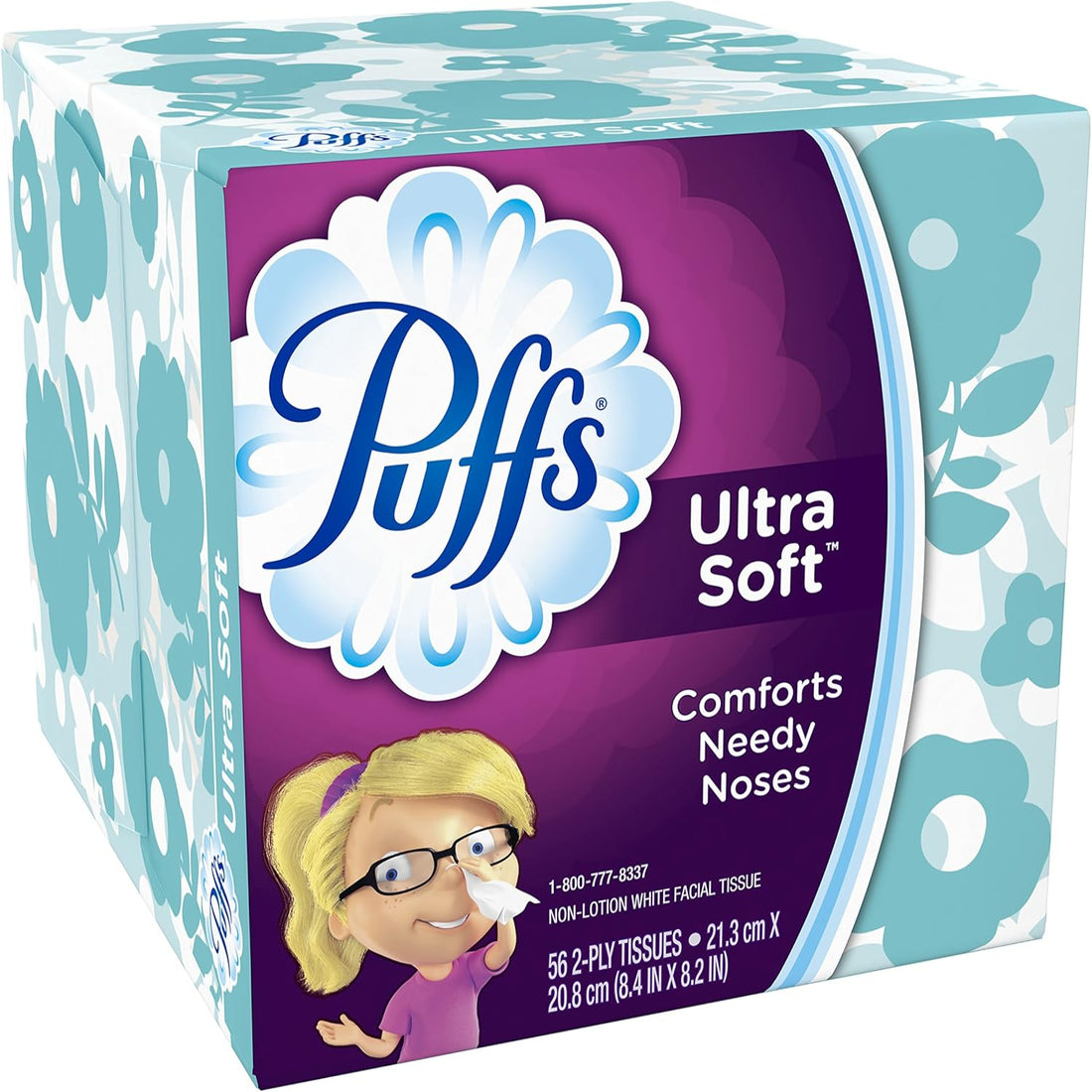 Box of Puffs Ultra Soft facial tissues with a cartoon girl on the packaging.