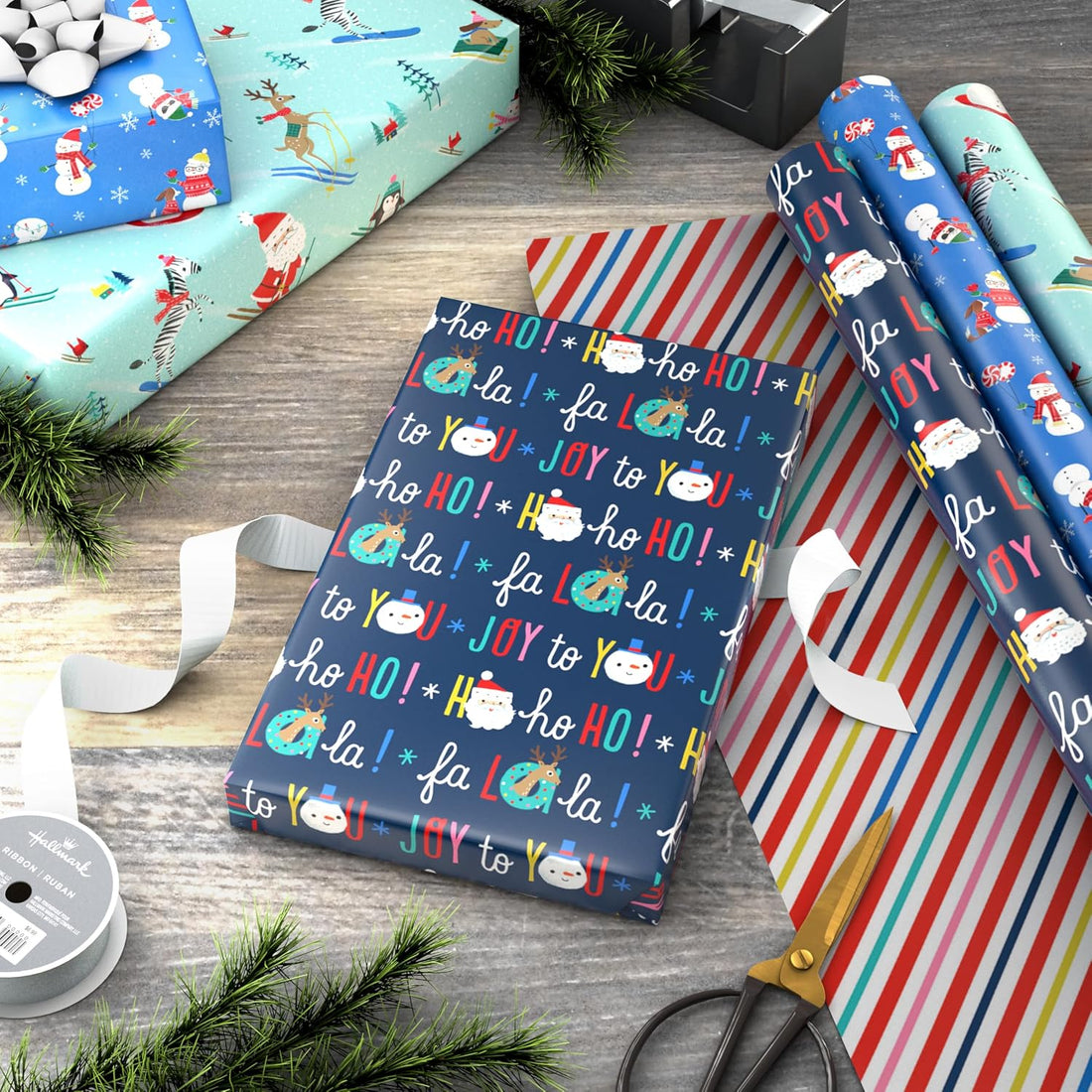 Hallmark Reversible Kids' Christmas Wrapping Paper, 3 Rolls (Skiing Santa, Penguins, Snowmen), 120 Sq Ft – view 2