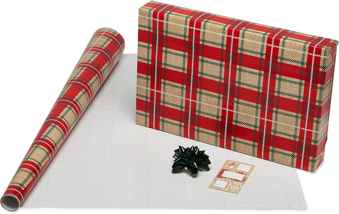 American Greetings Red & Tan Christmas Wrapping Paper Set with Bows & Tags, 4 Rolls (Plaid, Stripes, Snowmen), 120 Sq Ft – view 5