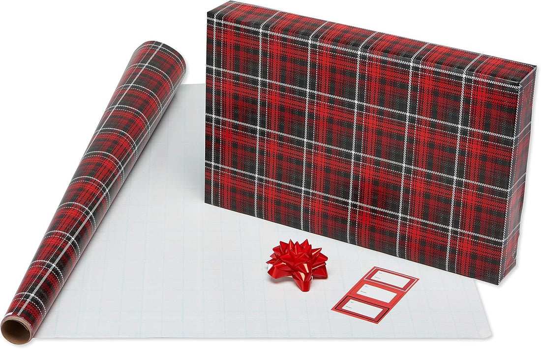 American Greetings Red, Black & White Plaid Christmas Wrapping Paper Set with Bows & Tags, 4 Rolls, 120 Sq Ft – view 5