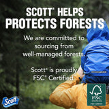 Person wearing a blue raincoat with text about Scott's forest protection and FSC certification.
