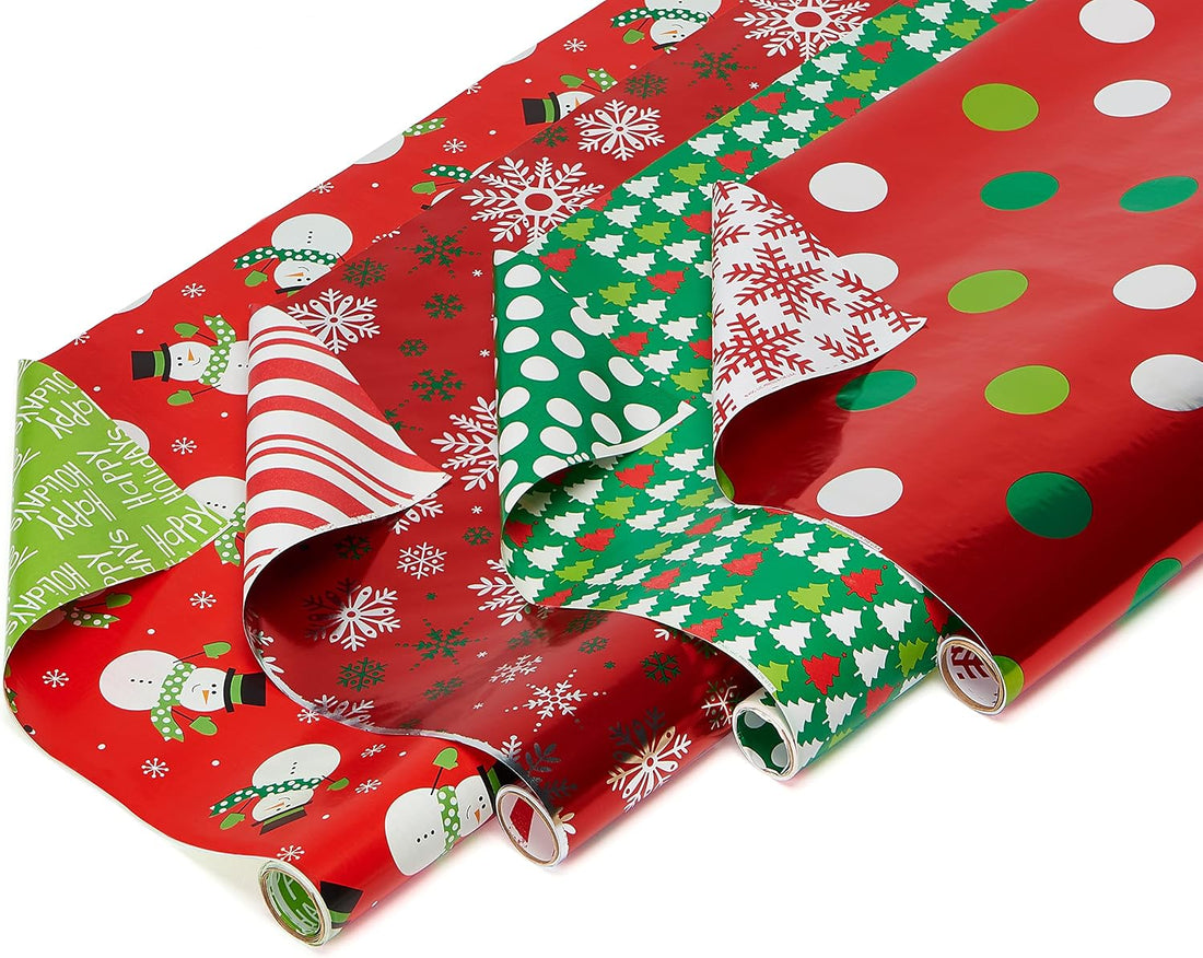 American Greetings Reversible Christmas Wrapping Paper, 4 Rolls (Red & Green Foil)
