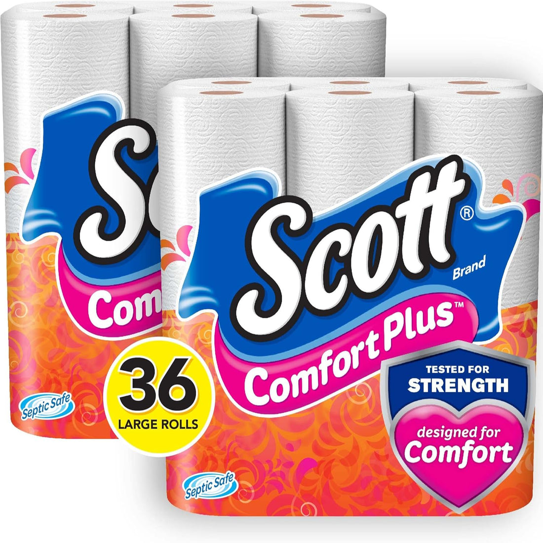 Scott Comfort Plus toilet paper with colorful packaging and '36 Large Rolls' label.