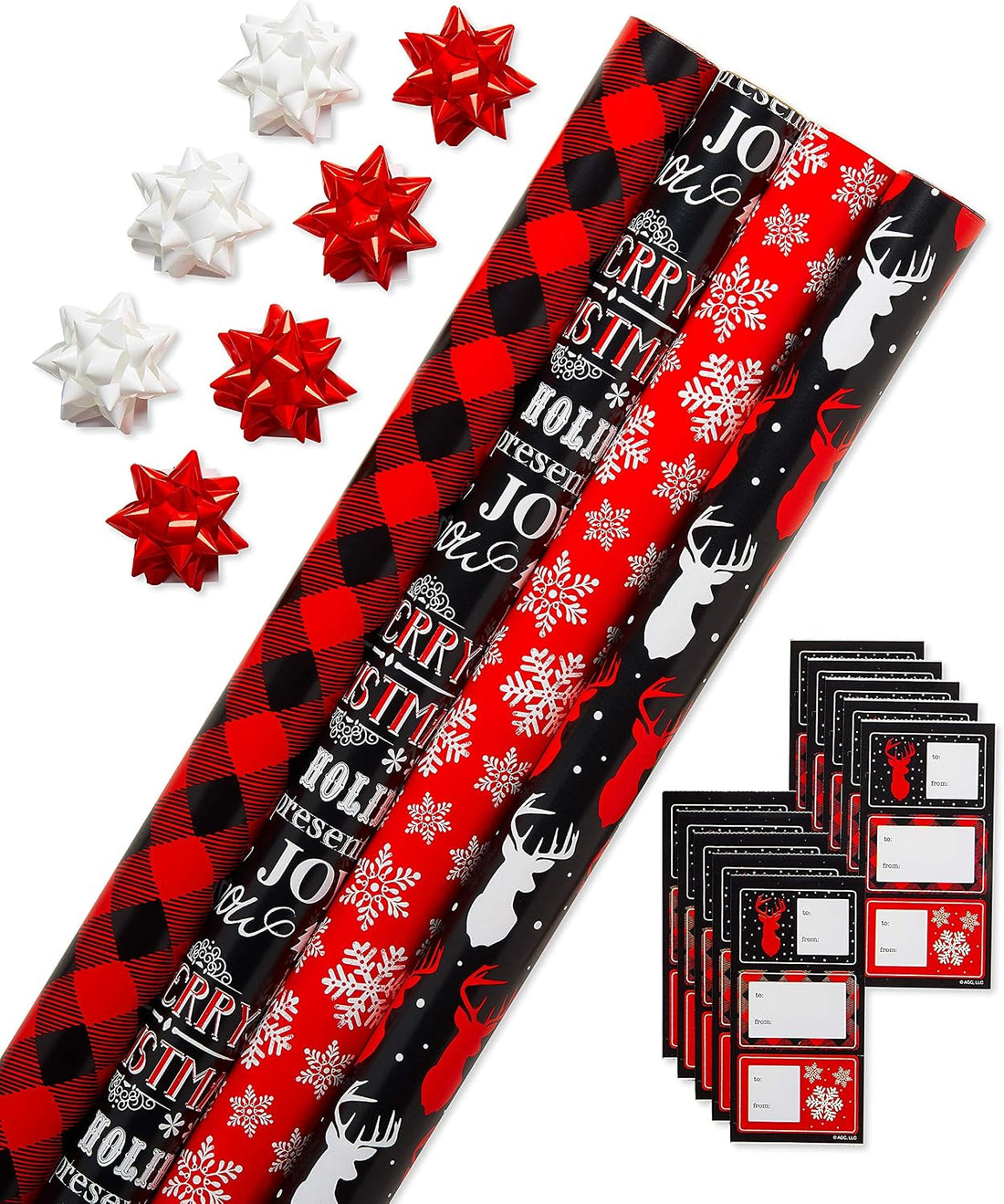 American Greetings Christmas Gift Wrap Set, 4 Rolls (Buffalo Plaid) with 7 Bows & 30 Gift Tags, 120 Sq Ft