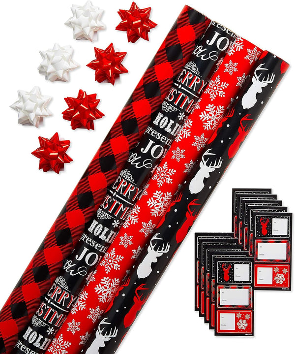 American Greetings Christmas Gift Wrap Set, 4 Rolls (Buffalo Plaid) with 7 Bows & 30 Gift Tags, 120 Sq Ft