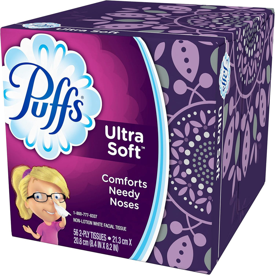 Puffs Ultra Soft facial tissues packaging with a purple design and cartoon character.