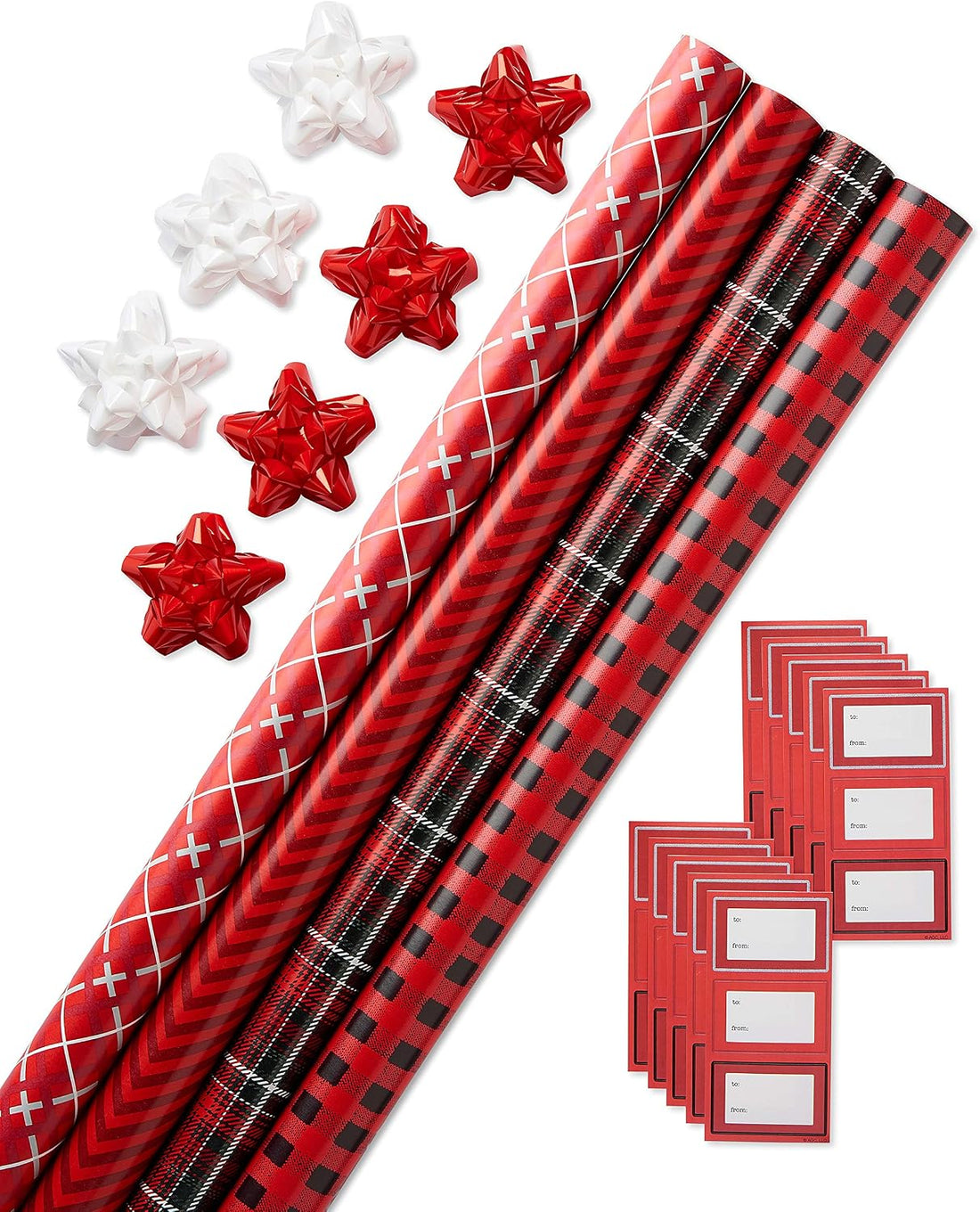 American Greetings Red, Black & White Plaid Christmas Wrapping Paper Set with Bows & Tags, 4 Rolls, 120 Sq Ft