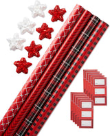 American Greetings Red, Black & White Plaid Christmas Wrapping Paper Set with Bows & Tags, 4 Rolls, 120 Sq Ft