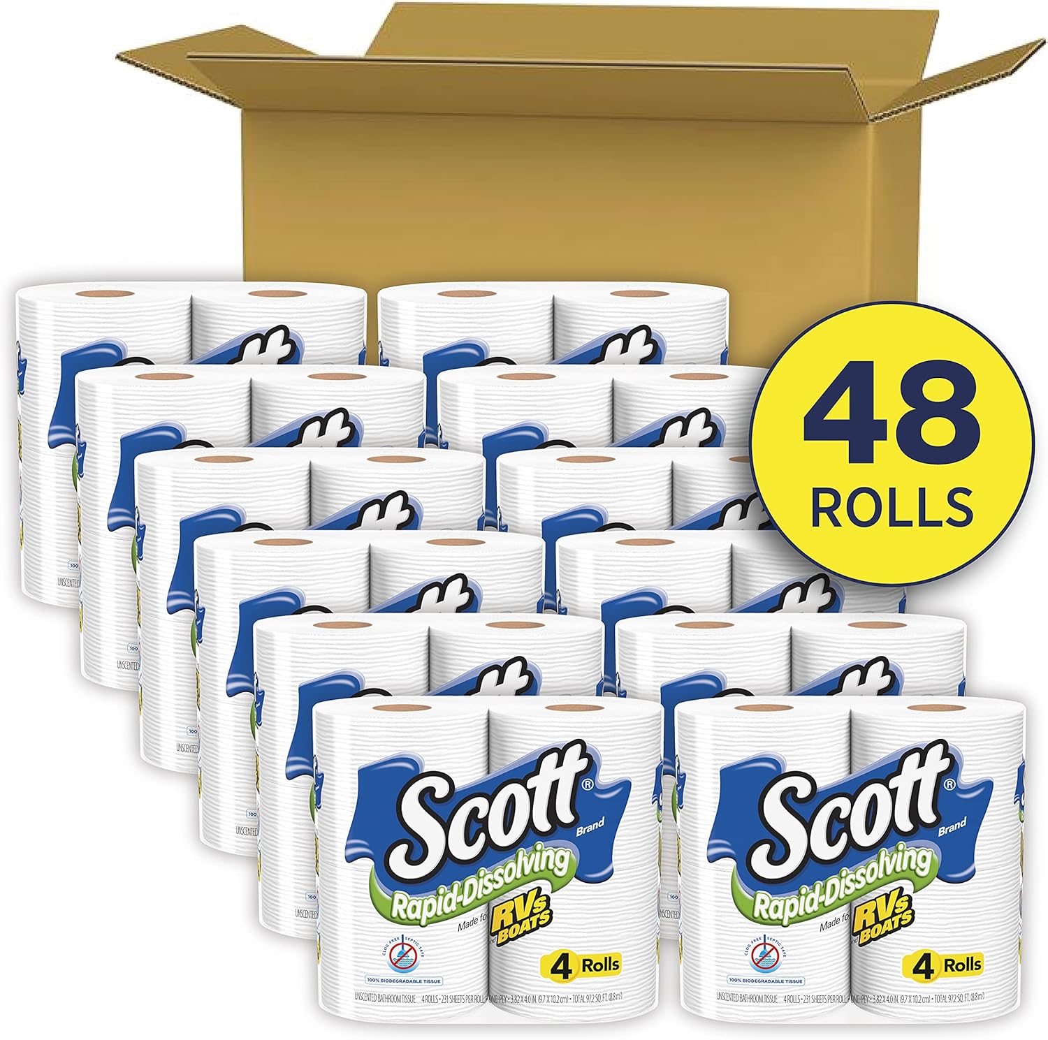 Scott Rapid-Dissolving Toilet Paper, 48 Double Rolls (6 Packs of 8), Sustainable, Septic-Safe, Toilet Paper