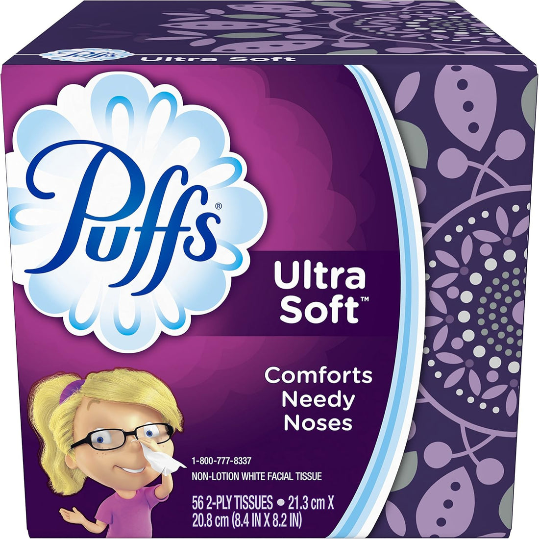 Puffs Ultra Soft facial tissue box with purple design and cartoon character on a white background