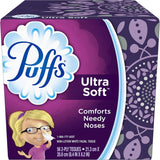 Puffs Ultra Soft facial tissue box with purple design and cartoon character on a white background