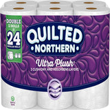 Quilted Northern Ultra Plush toilet paper package with purple and white design.