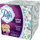 Puffs Ultra Soft facial tissues packaging with a floral design on the side.
