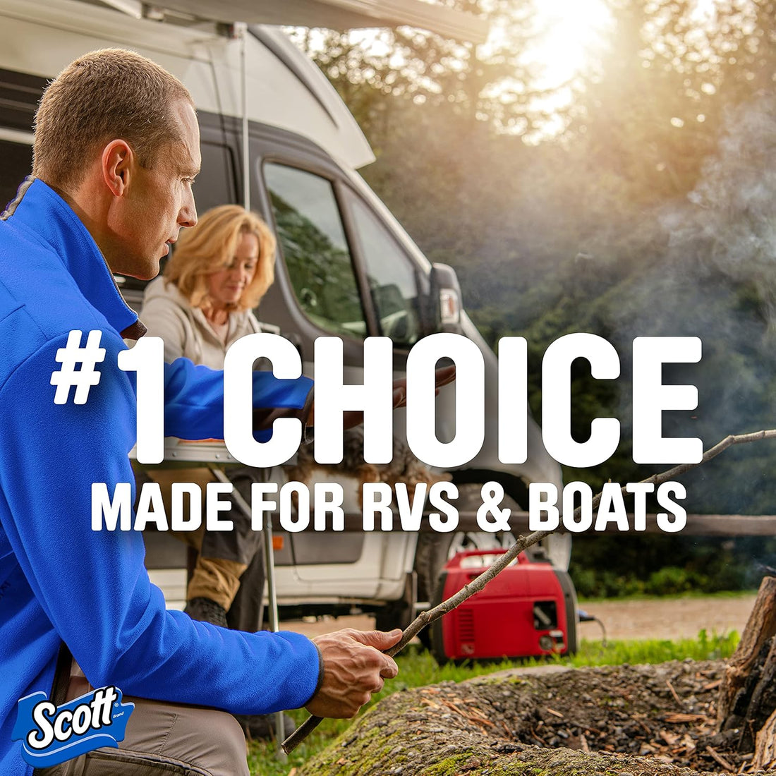Two people by a camper van with 'Scott' branding and text '#1 Choice Made for RVs & Boats'.