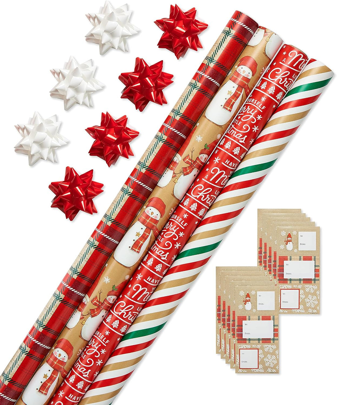 American Greetings Red & Tan Christmas Wrapping Paper Set with Bows & Tags, 4 Rolls (Plaid, Stripes, Snowmen), 120 Sq Ft