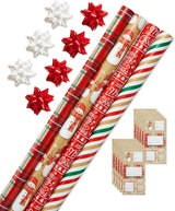 American Greetings Red & Tan Christmas Wrapping Paper Set with Bows & Tags, 4 Rolls (Plaid, Stripes, Snowmen), 120 Sq Ft