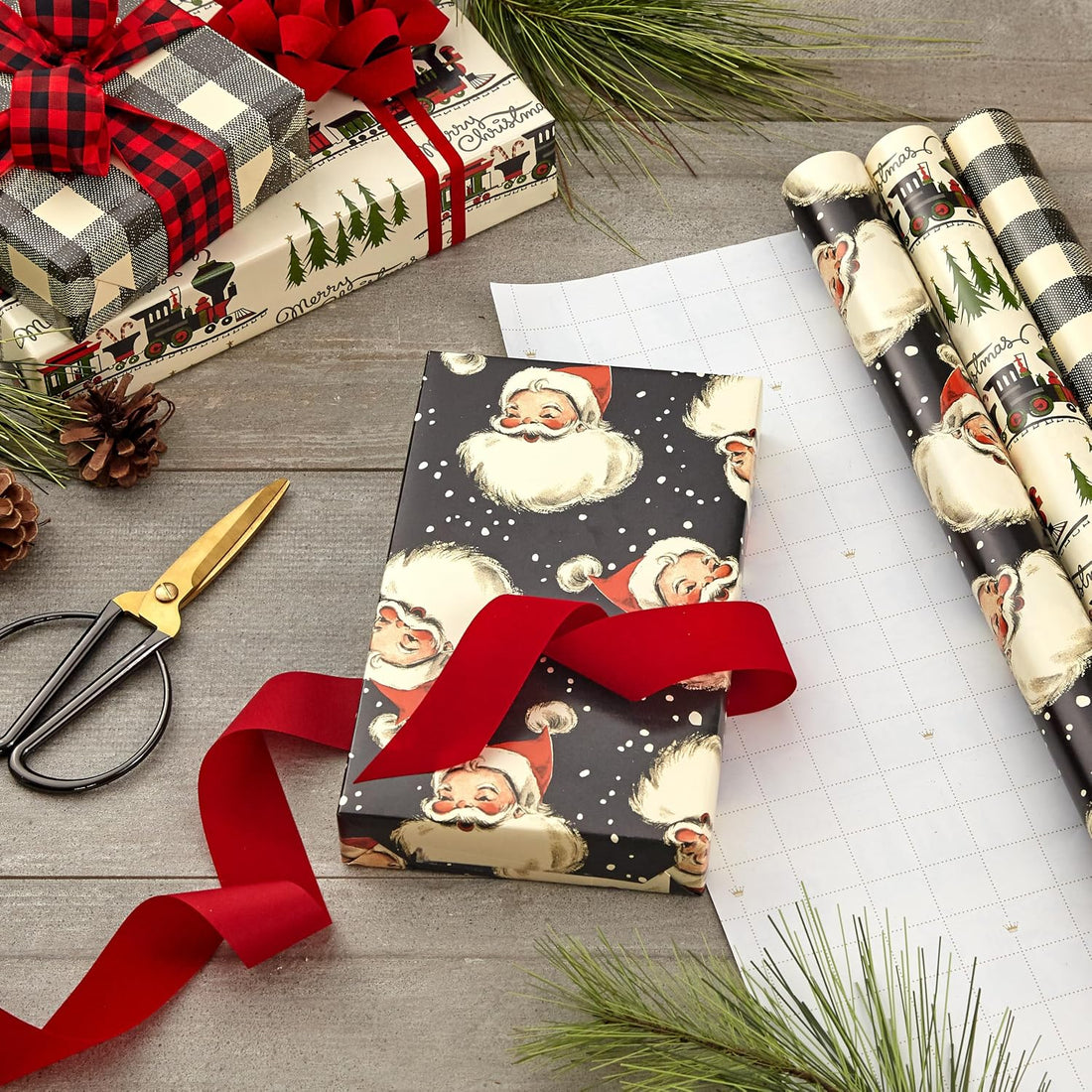 Hallmark Black Christmas Wrapping Paper with Cut Lines, 3 Rolls (Retro Santa, Buffalo Plaid, Train), 120 Sq Ft – view 2