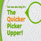 Text on a textured surface with green and orange text reading 'The Quicker Picker Upper'.