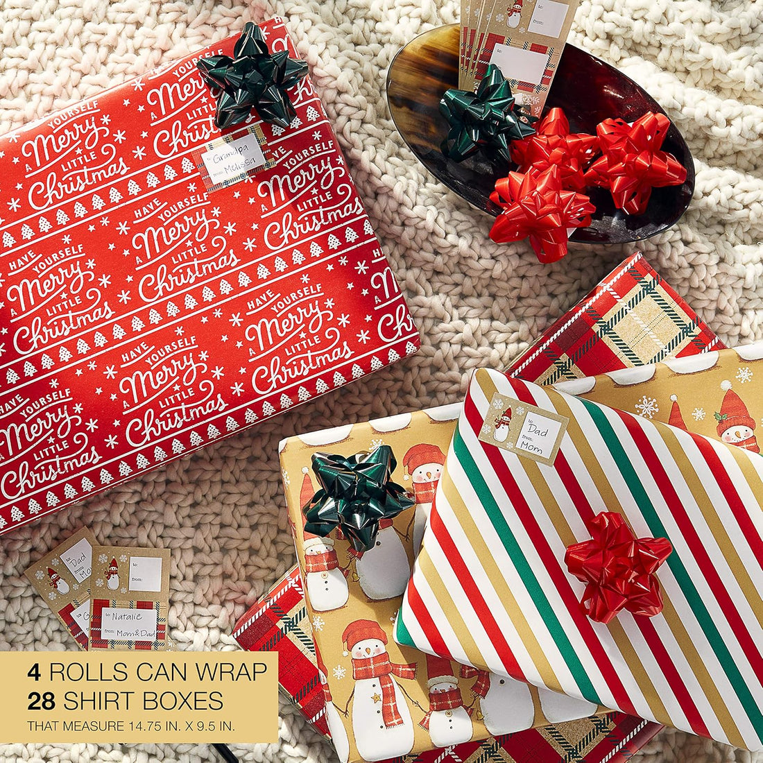 American Greetings Red & Tan Christmas Wrapping Paper Set with Bows & Tags, 4 Rolls (Plaid, Stripes, Snowmen), 120 Sq Ft – view 2