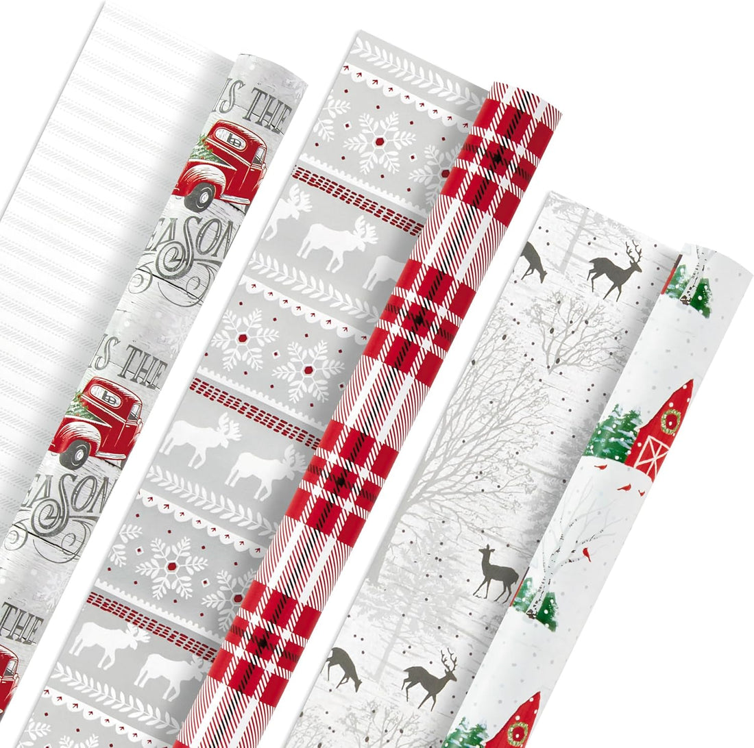 Hallmark Reversible Christmas Wrapping Paper, 3 Rolls (Red Truck, Plaid, Barn), 120 Sq Ft