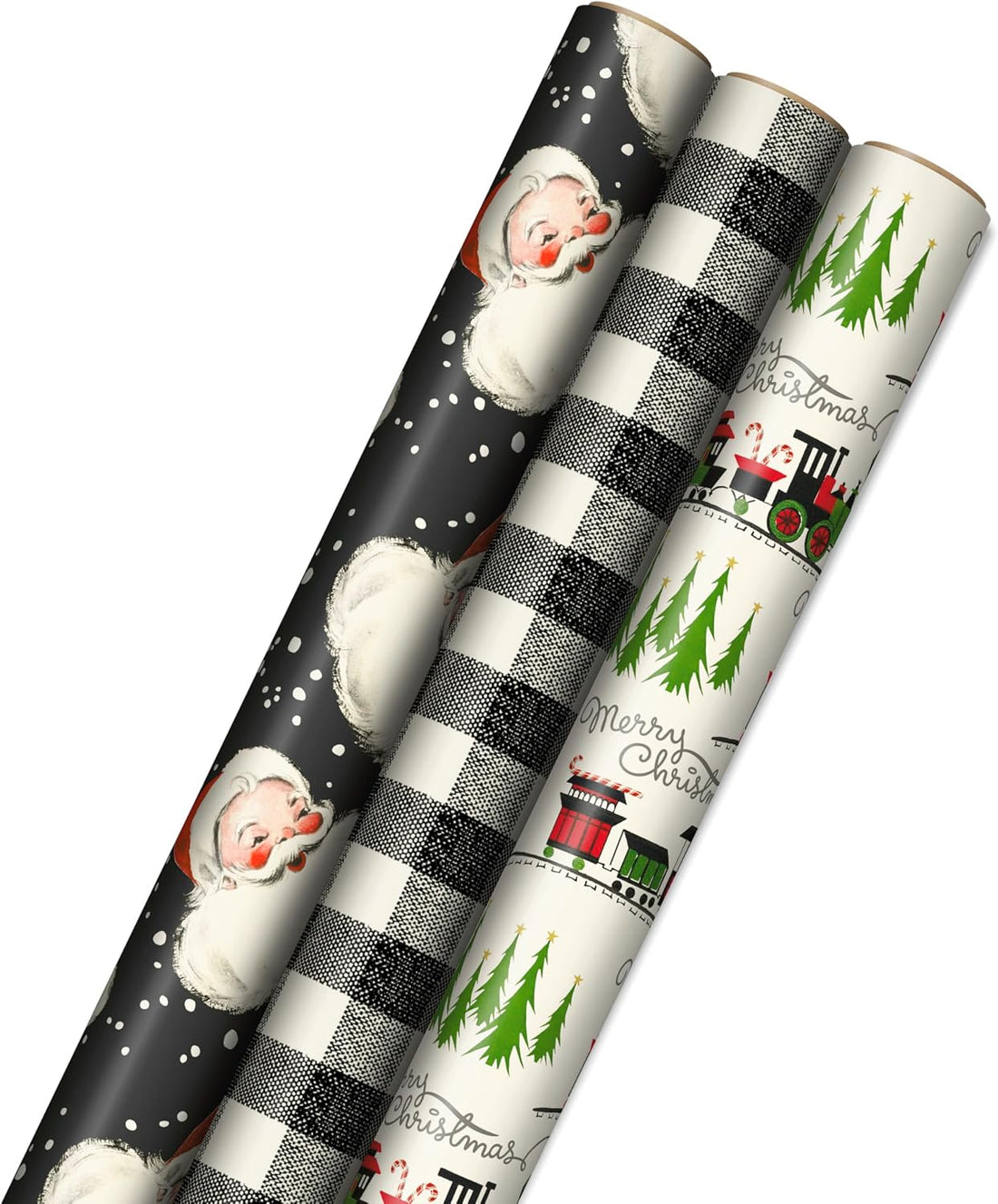 Hallmark Black Christmas Wrapping Paper with Cut Lines, 3 Rolls (Retro Santa, Buffalo Plaid, Train), 120 Sq Ft