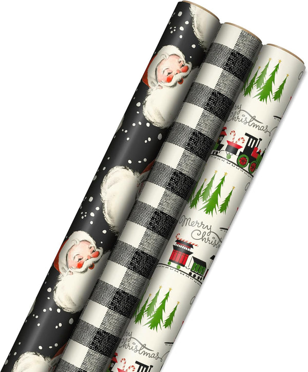 Hallmark Black Christmas Wrapping Paper with Cut Lines, 3 Rolls (Retro Santa, Buffalo Plaid, Train), 120 Sq Ft
