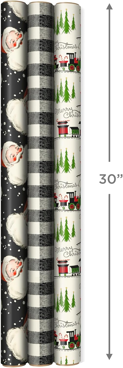 Hallmark Black Christmas Wrapping Paper with Cut Lines, 3 Rolls (Retro Santa, Buffalo Plaid, Train), 120 Sq Ft – view 3