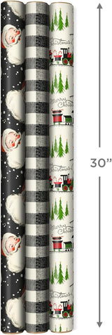 Hallmark Black Christmas Wrapping Paper with Cut Lines, 3 Rolls (Retro Santa, Buffalo Plaid, Train), 120 Sq Ft – view 3