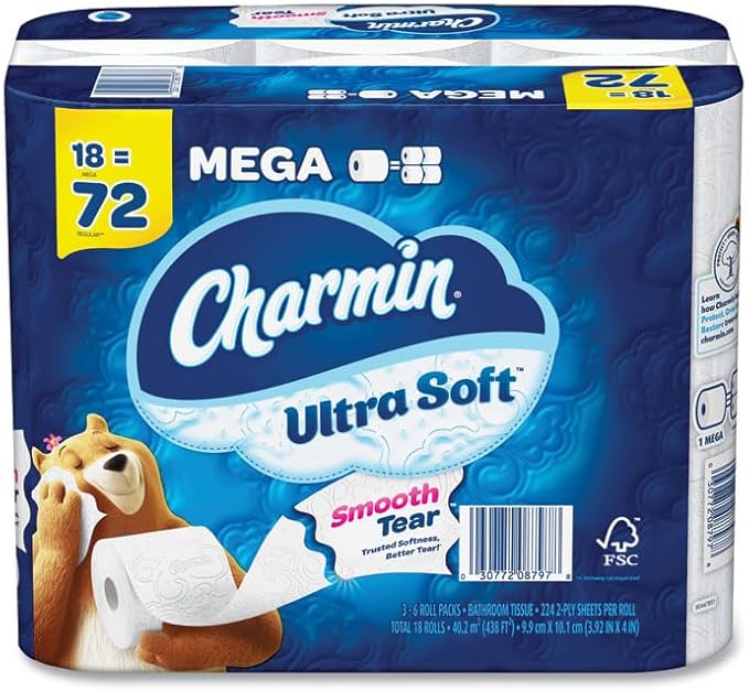 Charmin Ultra Soft Toilet Paper, 2-Ply, 224 Sheets, 18 mega Rolls (08797)