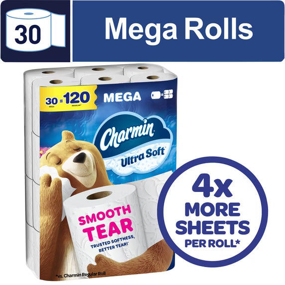 Charmin Ultra Soft Bathroom Tissue, 2-Ply – 30 Jumbo Rolls(30 Mega Rolls), Wider Sheets