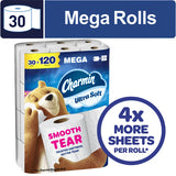 Charmin Ultra Soft Bathroom Tissue, 2-Ply – 30 Jumbo Rolls(30 Mega Rolls), Wider Sheets