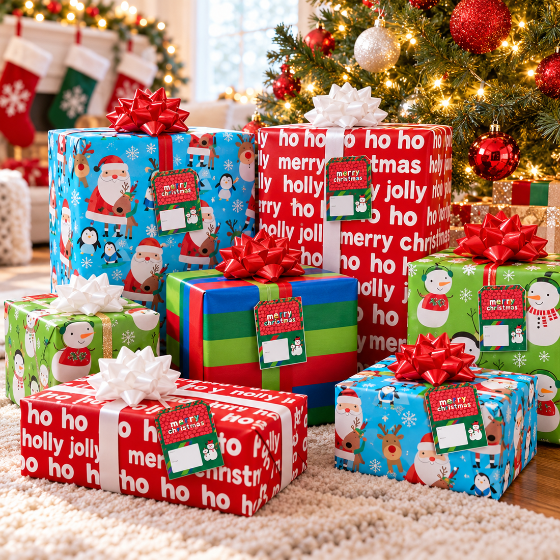 American Greetings kids Santa and snowmen wrapping paper on gifts under the tree