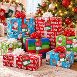 American Greetings kids Santa and snowmen wrapping paper on gifts under the tree