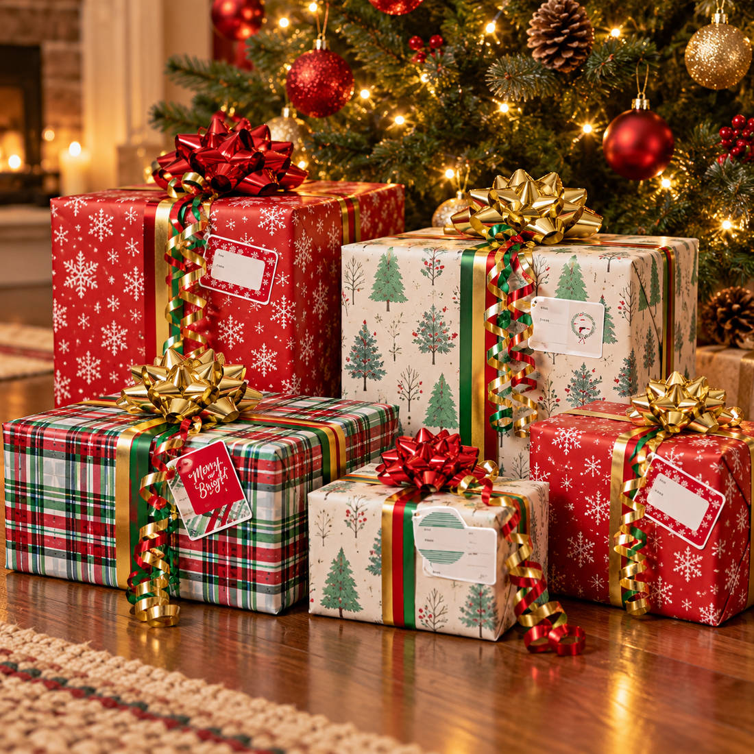 Hallmark red and green Christmas wrapping paper set with gifts under the tree