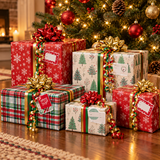 Hallmark red and green Christmas wrapping paper set with gifts under the tree