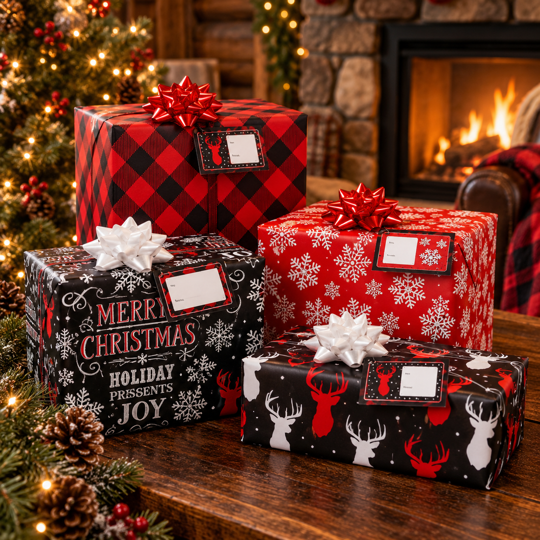 Buffalo plaid gift wrap set with bows and tags on gifts by a fireplace