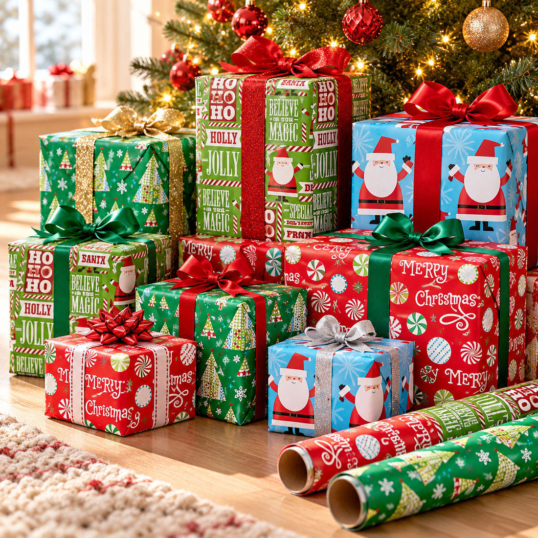 Colorful Santa and tree wrapping paper on gifts under a Christmas tree