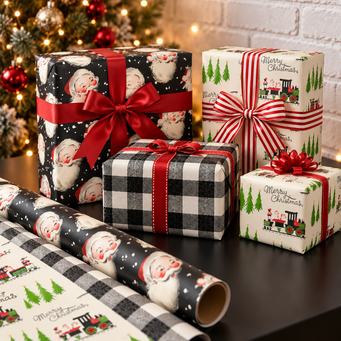 Gifts wrapped in black retro Santa and buffalo plaid Christmas wrapping paper