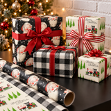 Gifts wrapped in black retro Santa and buffalo plaid Christmas wrapping paper