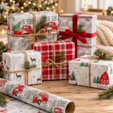 Farmhouse Christmas gifts wrapped in red truck, plaid and barn wrapping paper